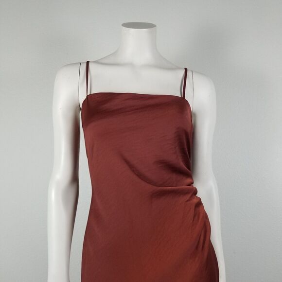 House Of Harlow 1960 Revolve Brown Satin Long Ruche Detail Side Slit Dress Sz XL - Picture 2 of 13